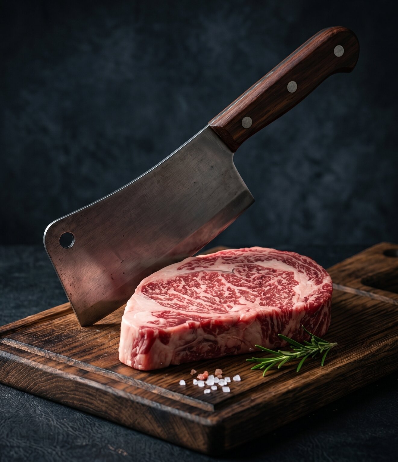 Coupe de bœuf persillée sur planche de bois, avec couperet