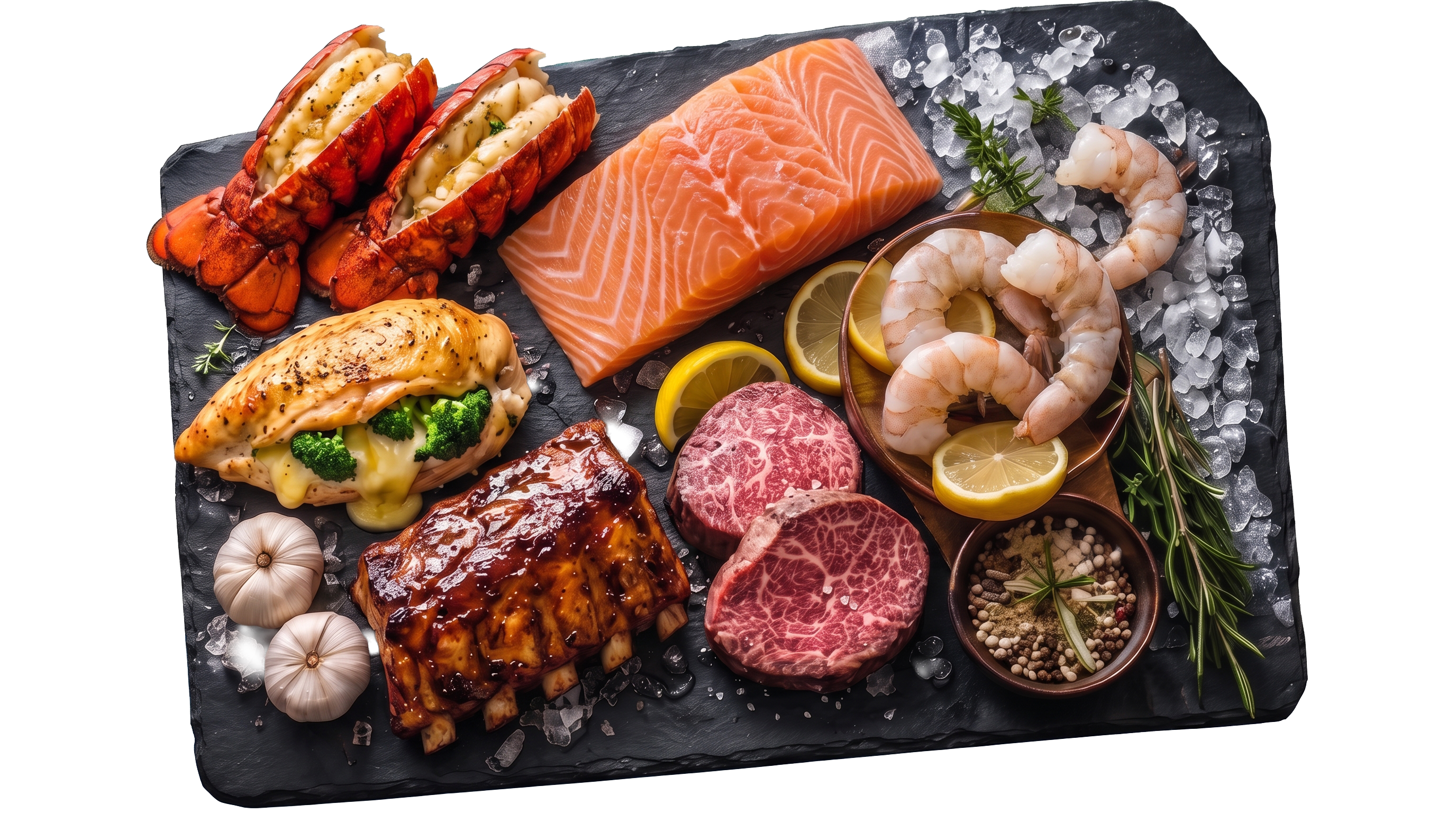 Plateau de viande et fruits de mer frais: homard, saumon, thon, crevettes